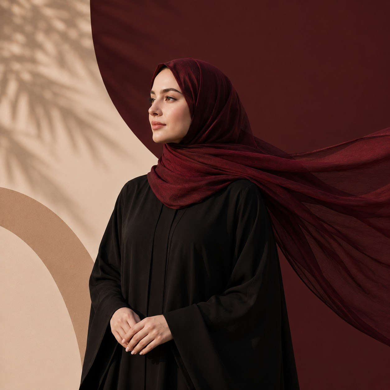 عباية سوداء أنيقة مع حجاب عنابي
