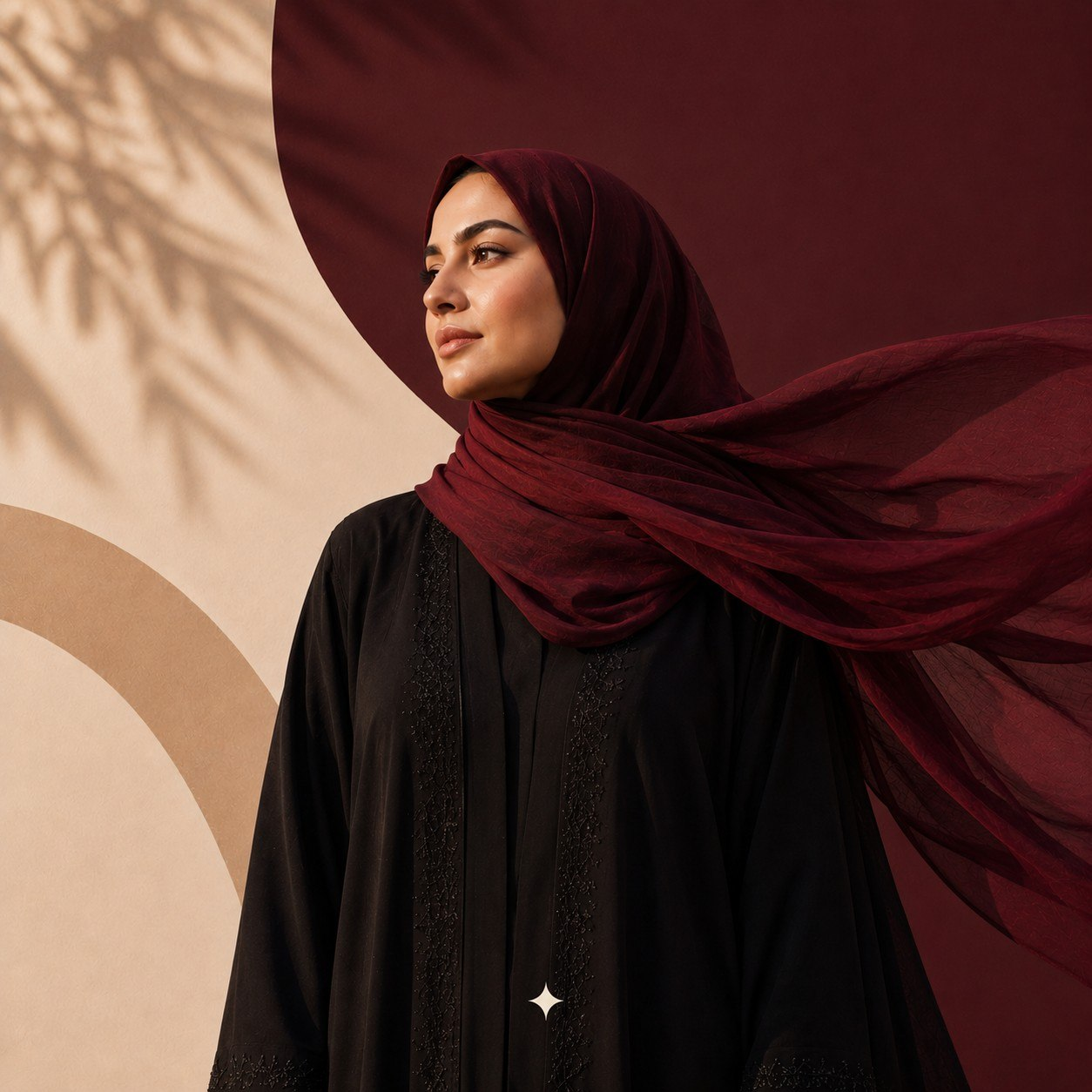عباية سوداء راقية مع حجاب عنابي